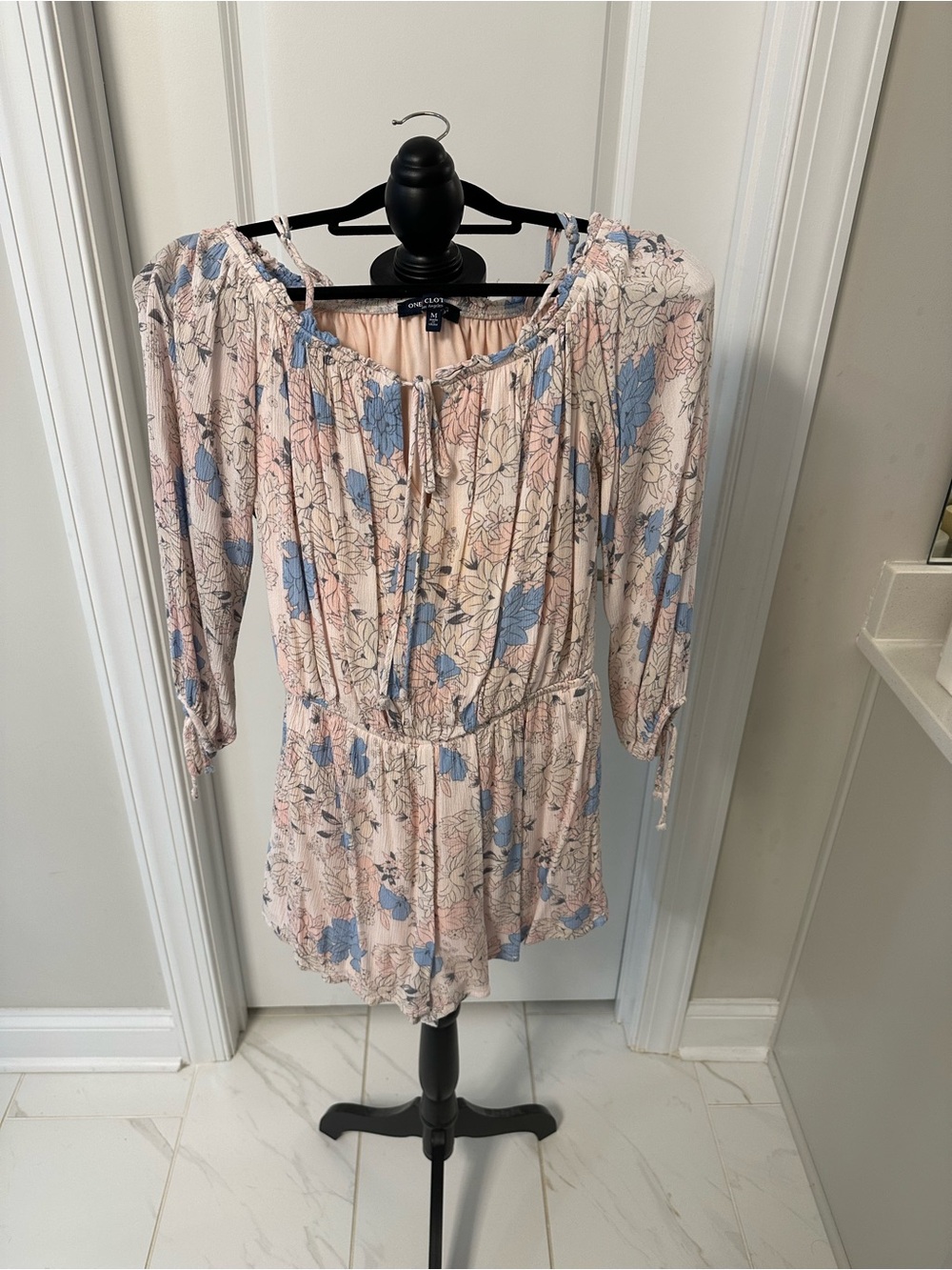 One Clothing Floral Off-Shoulder Romper in Blush with Blue Print M